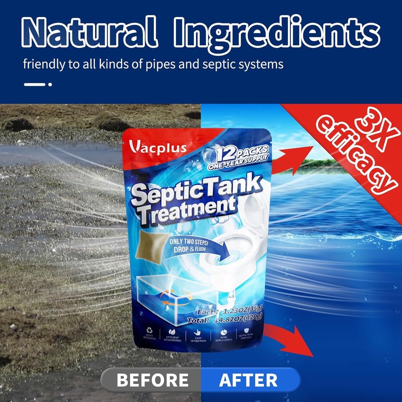 Vacplus Septic Tank Treatment 12 Pcs for 1-Year Supply, Dissolvable Packs with Easy Operation, Durable Biodegradable Enzymes for Wastes, Greases & Odors, Brown, 3x Efficiency - Image 2